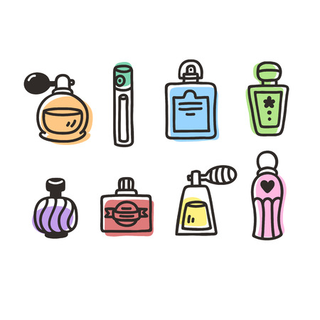 Set of hand drawn perfume bottles. Vintage cartoon style.のイラスト素材