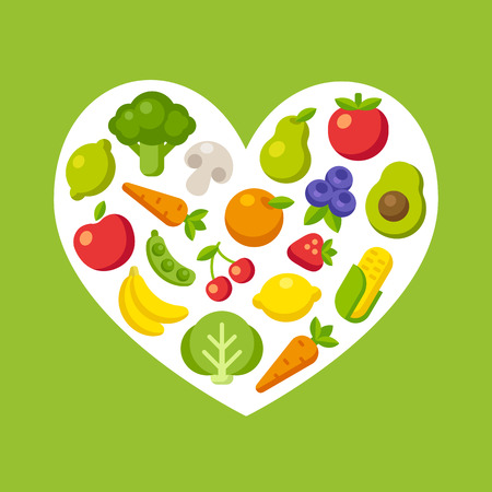Healthy food pattern: colorful cartoon fruits and vegetables arranged in a heart shape.のイラスト素材