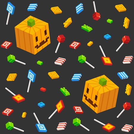 Stylized isometric pixelated candy and Halloween pumpkins, seamless pattern.のイラスト素材