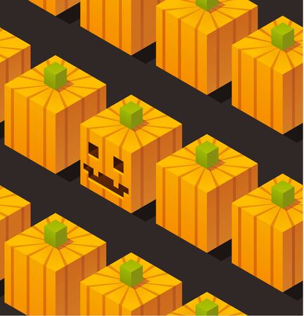 Seamless pattern of stylized isometric cartoon pumpkins, one with carved face.のイラスト素材