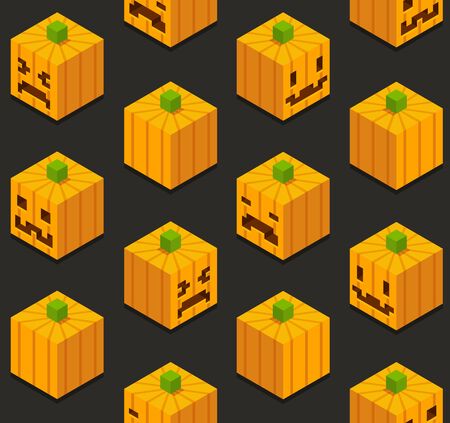 Seamless pattern of stylized isometric cartoon pumpkins with different faces.のイラスト素材