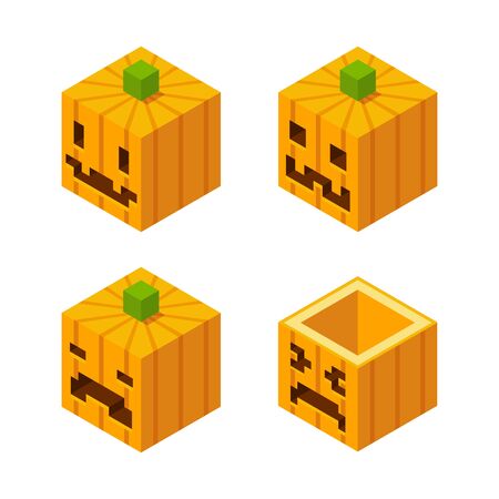 4 Stylized cubic Halloween Jack o' Lanthern carved pumpkins with pixel faces.のイラスト素材