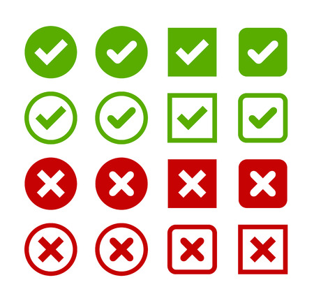 Large set of flat buttons: green check marks and red crosses. Circle and square, hard and rounded corners.のイラスト素材
