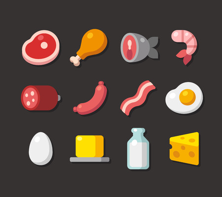 Flat cartoon icons of meat, seafood and dairy products.のイラスト素材