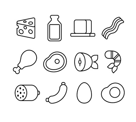 Thin line icons of meat, seafood and dairy products.のイラスト素材