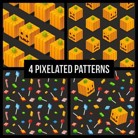 4 Seamless Halloween Patterns: stylized isometric cartoon pumpkins and assorted candy.のイラスト素材