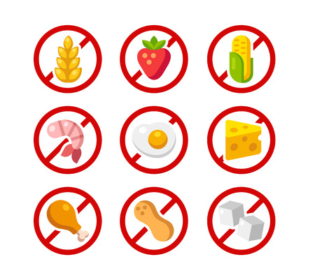 Set of ingredient warning icons with common allergens: gluten, dairy, shellfish, peanuts, eggs and more.のイラスト素材