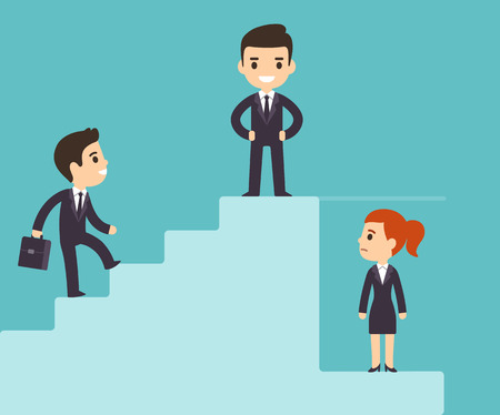 Cartoon business men climbing corporate ladder with woman under glass ceiling. Sexism issues in workplace. Flat vector style.のイラスト素材