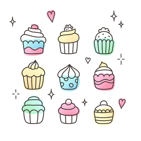 Set of doodle cartoon cupcakes. Cute hand drawn sketch.のイラスト素材