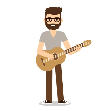 Hipster musician with beard and glasses playing acoustic guitar.  Indie music guitarist in cute flat cartoon style.のイラスト素材