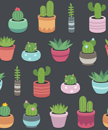 Seamless pattern of hand drawn cacti and succulents in cute pots on dark background. Simple cartoon vector style.のイラスト素材