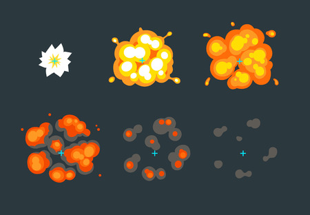 Animation for game, cartoon explosion in the air. 6 frame sprite sheet on dark background.のイラスト素材