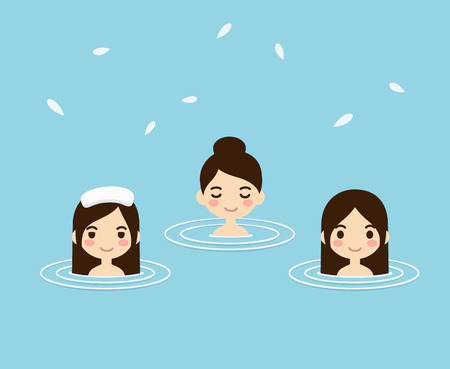 Three pretty girls taking bath in japanese style onsen hot springs. Simple flat cartoon style.のイラスト素材