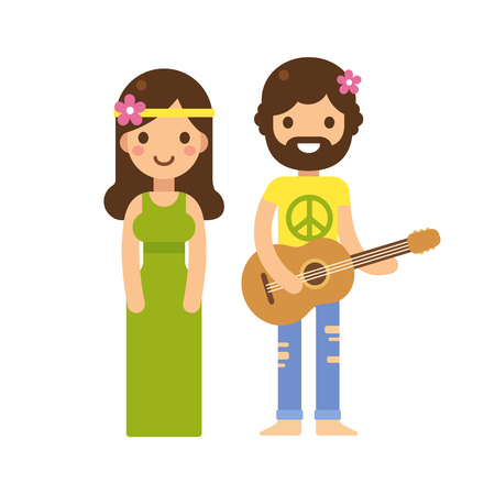 Cute hippie couple, woman in long dress and man with guitar, with flowers in hair. Modern flat vector cartoon style.のイラスト素材