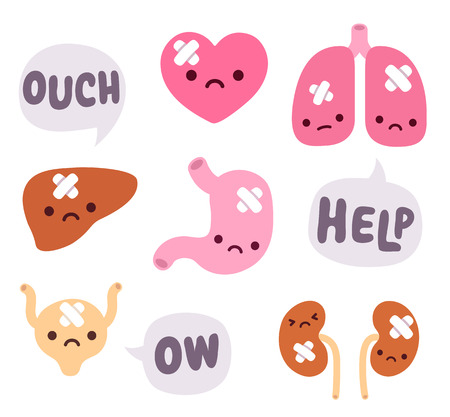 Set of cute cartoon internal organs with sad faces and bandages. Speech bubbles expressing pain.のイラスト素材