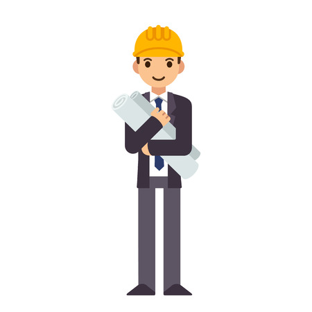 Young engineer holding construction blueprints. Modern flat style, cute cartoon vector illustration.のイラスト素材