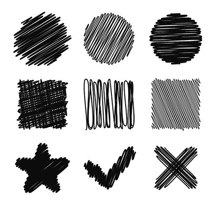Set of hand drawn scribble design elements. Basic shapes, checkmark and cross. Vector doodles.のイラスト素材