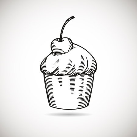 Hand drawn vintage cupcake sketch with cherry. Illustration isolated on white with subtle shadow.のイラスト素材
