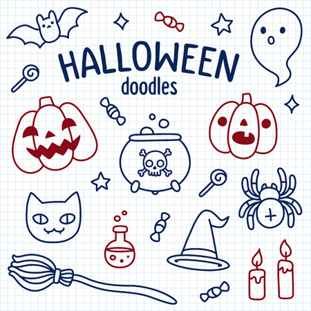 Halloween doodle set. Cute cartoon objects and symbols drawn with pen on lined notebook paper. Vector illustration.のイラスト素材