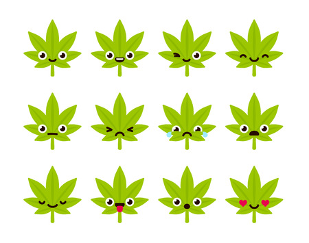 Cute emoticon set: adorable cartoon cannabis leaf with different emotions. Flat vector illustration.のイラスト素材