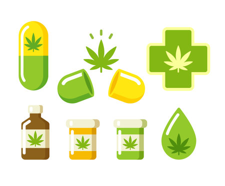 Medical marijuana icons: pills, Rx bottles and other medicinal cannabis symbols. Vector illustration.のイラスト素材