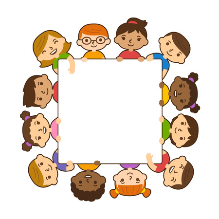 Cute cartoon diverse children holding blank text banner isolated on white background. Vector illustration.のイラスト素材