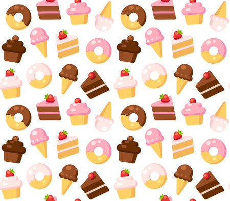 Seamless vector pattern of bright cartoon dessert icons. Cakes, cupcakes, donuts and ice cream in different flavors: vanilla, chocolate and strawberry.のイラスト素材