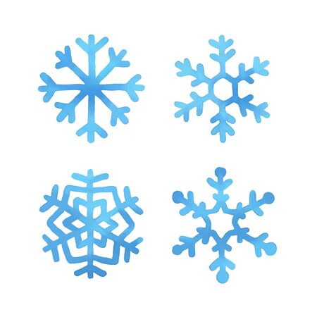 Set of four blue hand drawn watercolor snowflakes, vector illustration.のイラスト素材