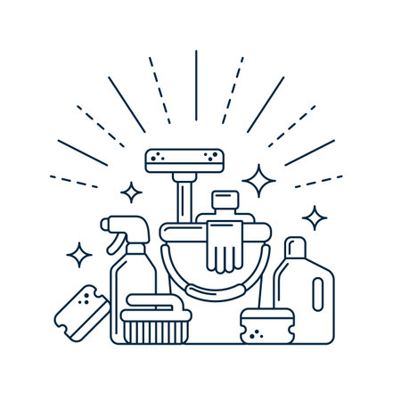 Cleaning supplies in modern line style. Vector illustration.のイラスト素材