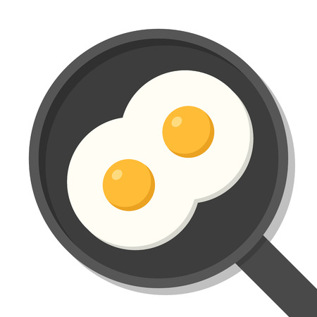 Two fried eggs on pan, top view. Food ingredients flat vector illustration isolated on white.のイラスト素材