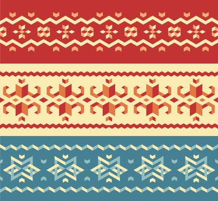 Christmas sweater seamless pattern set, traditional winter ornaments. Vector design elements.のイラスト素材