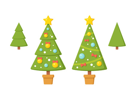 Set of Christmas trees with and without ornaments. Modern flat vector illustration.のイラスト素材