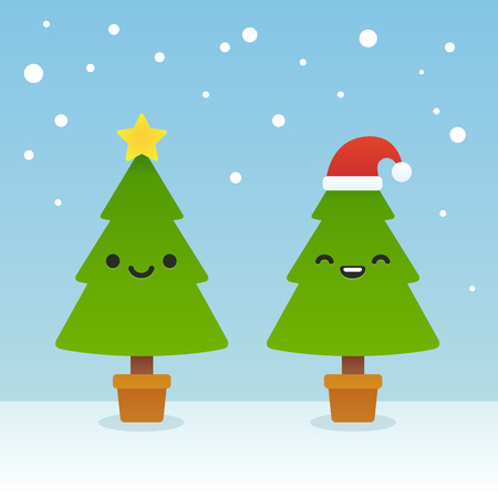 Two Christmas tree with cute cartoon smiling faces. Modern flat vector illustration.のイラスト素材