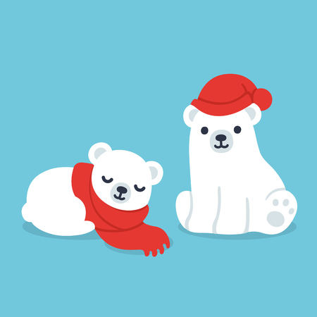 Cute cartoon polar bear cubs in winter clothes: hat and scarf. Simple, modern style vector illustration.のイラスト素材