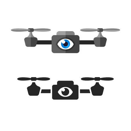 Quadcopter surveillance aerial drone with eye symbol. Flat cartoon vector illustration in two variants: color and black and white.のイラスト素材