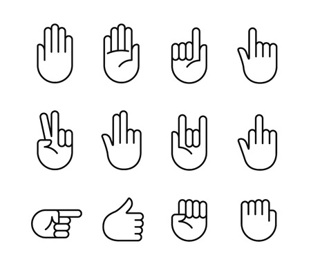 Hand gestures and sign language thin line icon set. Isolated vector illustration of human hands.のイラスト素材