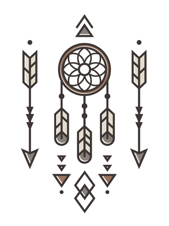 Native American Indian ornament with deamcatcher, arrows and triangle elements. Modern geometric hipster style. Vector illustration.のイラスト素材