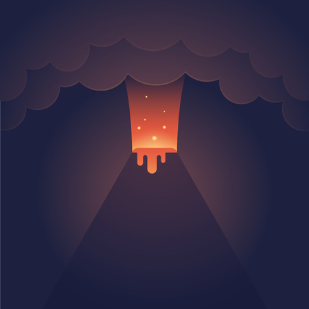 Erupting volcano illustration. Spectacular night eruption with dark clouds and streaming lava. Modern flat vector style.のイラスト素材