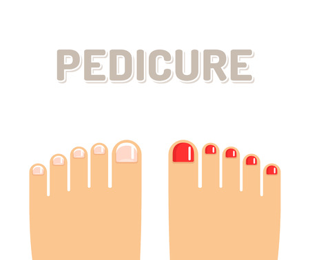 Pedicure illustration, feet with french pedicure and red nail polish.のイラスト素材
