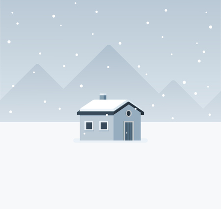Winter landscape scenery with little cabin in mountains with snow. Modern flat style vector illustration.のイラスト素材