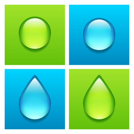 Shiny water drops on bright blue and green gradient background. Vector illustration.のイラスト素材
