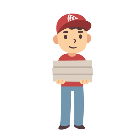 Cute cartoon pizza delivery boy with pizza boxes. Isolated vector illustration.のイラスト素材