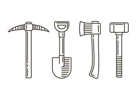 Set of work tools: pickaxe, shovel, axe and sledge hammer. Retro style line icons. Vector elements for emblem and logotype design.のイラスト素材