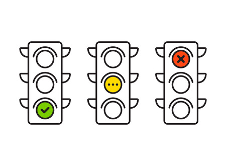 Traffic light interface icons. Red, yellow and green (yes, no and standby). Thin line vector buttons.のイラスト素材