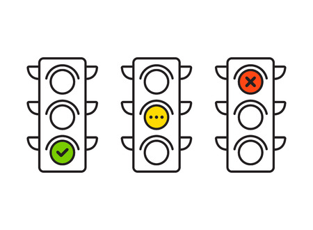 Traffic light interface icons. Red, yellow and green (yes, no and standby). Thin line vector buttons.