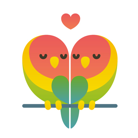 Cute cartoon lovebird parrots couple with heart shape. Valentine's day card vector illustration.のイラスト素材