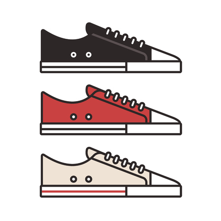 Sneakers line icons. Black, red and white canvas shoes.のイラスト素材