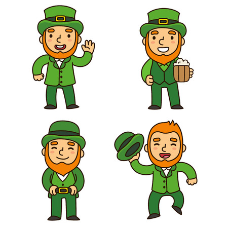Saint Patrick's Day leprechauns set. Cute cartoon elves in different poses. Isolated illustration.のイラスト素材
