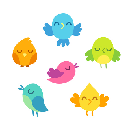 Cute cartoon birds doodle set. Bright and simple vector illustration. Isolated design elements.のイラスト素材