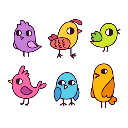 Cute cartoon birds doodle set. Bright and simple vector illustration. Isolated design elements.のイラスト素材